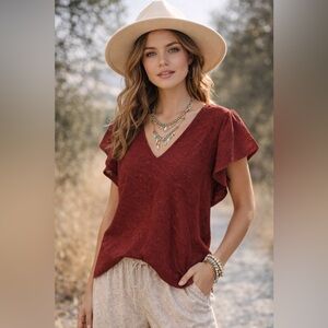 NWT Michael Kors Burgundy Eyelet Lace Flutter Sleeve Top Size Large